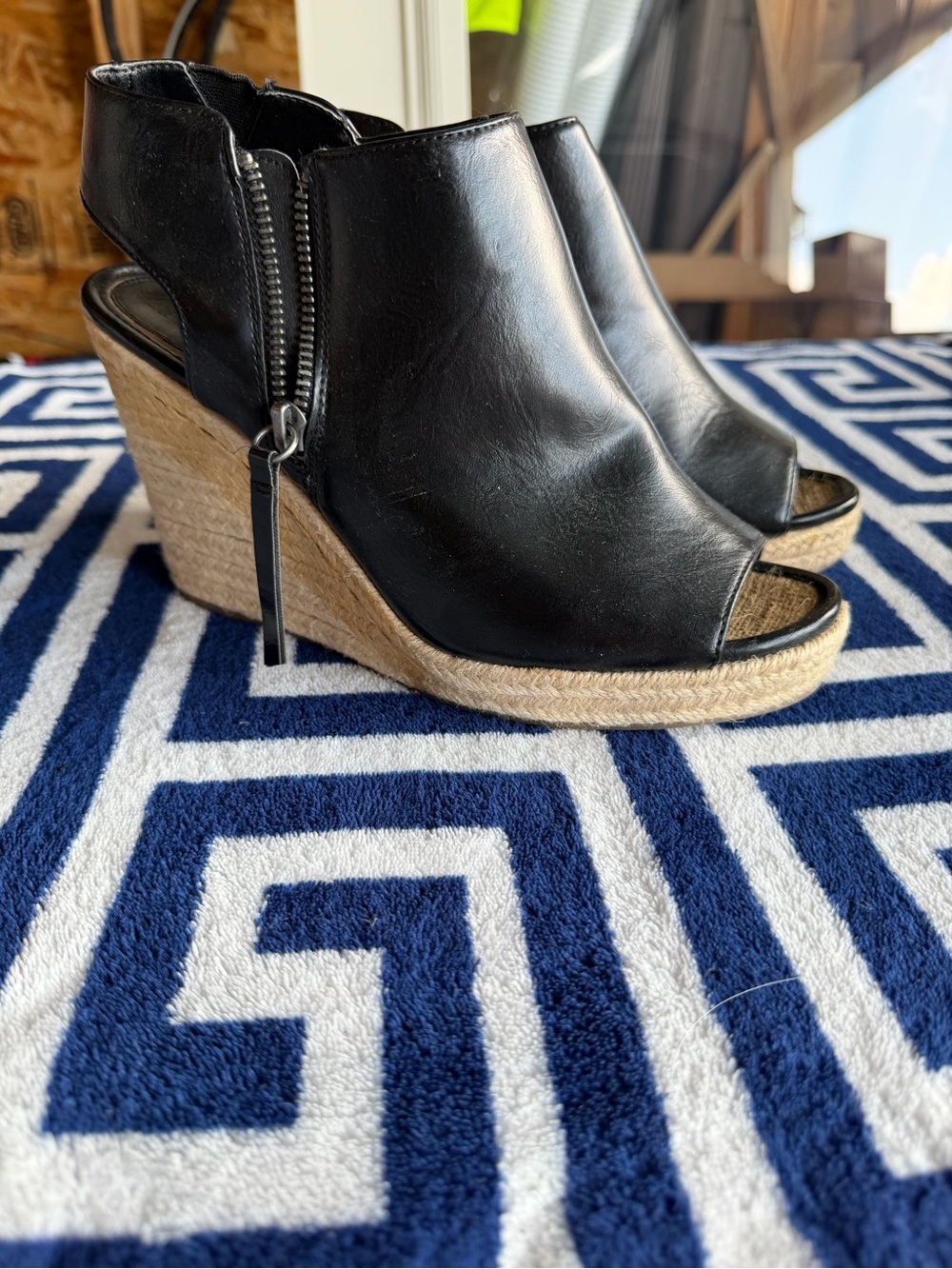 Ruff Hewn Black Leather Peep-Toe Espadrille Wedge Sandals